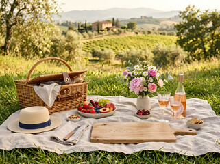 Fototapeta premium A serene outdoor picnic scene featuring a woven basket a straw hat fresh fruits a bouquet of flowers and rose wine set upon a white linen cloth Isolated on transparent background