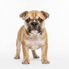 Fototapeta premium Studio portrait of a fawn bulldog puppy against plain white backdrop, centered with neutral lighting, soft shadows, and direct frontal view.
