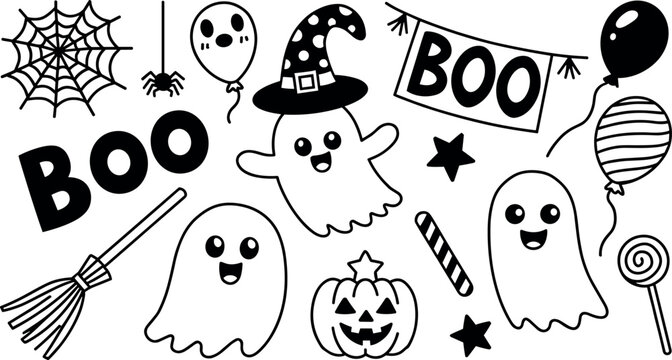 Cute Halloween vector doodle set featuring friendly ghosts witch hat pumpkin spider web broom boo lettering and party balloons