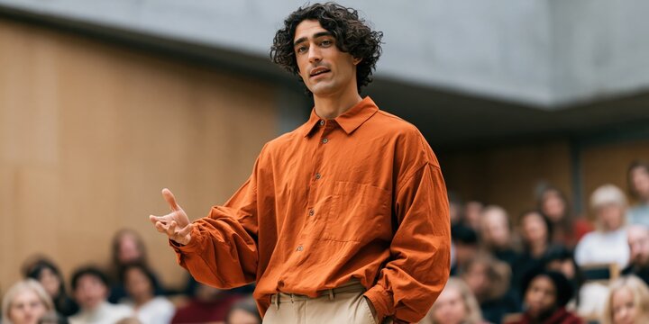 Young man addressing a seated audience in a modern auditorium background for speech presentation and event banner