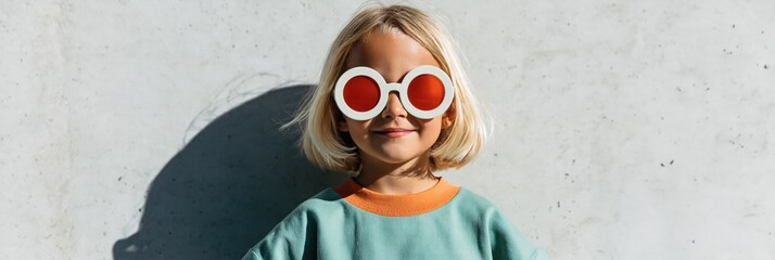 Naklejka premium Child wearing round red sunglasses and teal sweatshirt against textured concrete wall for kids fashion portrait and summer banner design
