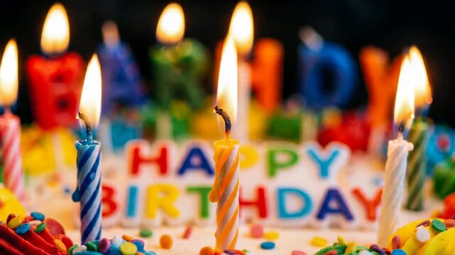 Birthday Candles Burning on Cake Close Up