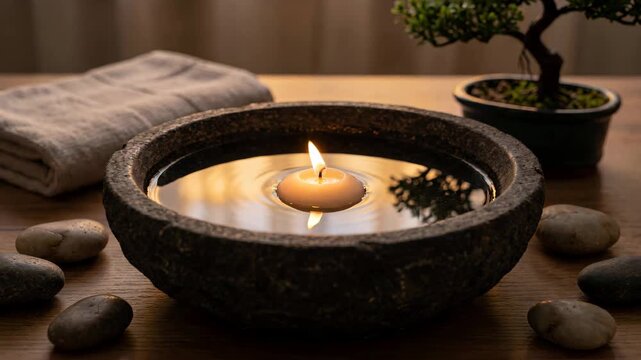 Spa Candle Floating in Water Relaxation Scene