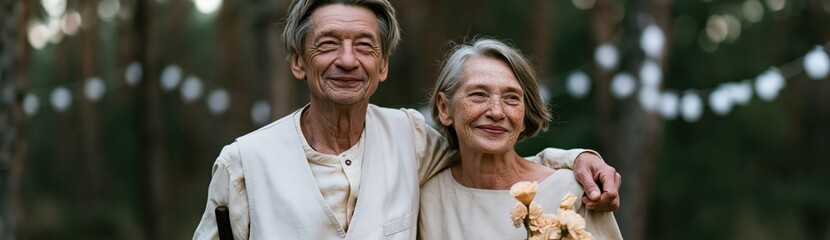 Fototapeta premium Portrait of a smiling senior couple at an outdoor wedding with string lights for romantic banner background and celebration design