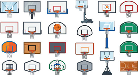 Basketball Hoop and Backboard Icons Collection with Indoor Outdoor Basketball Goal Vector Set © SreeMoti
