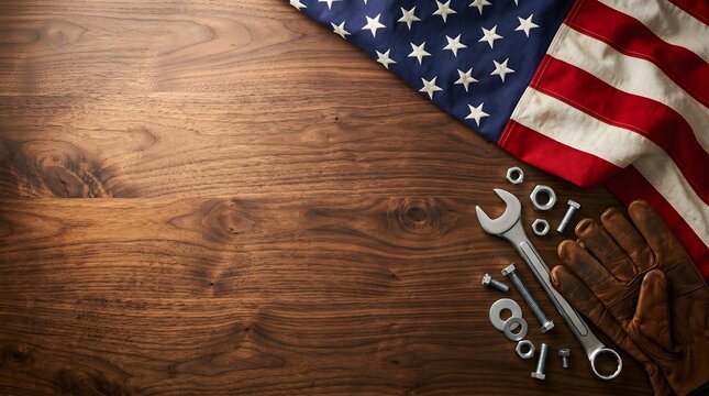 Labor day celebration american flag with work tools on rustic wood background for patriotic holiday concepts