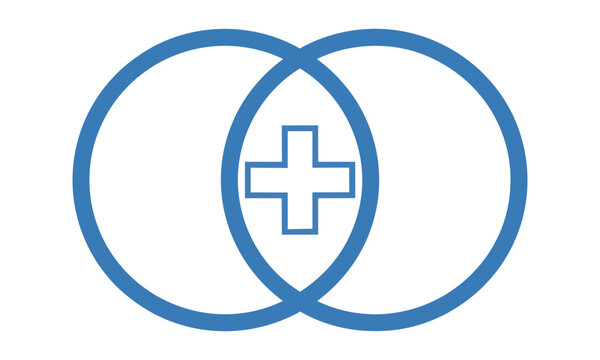 Minimalist union icon with two overlapping circles and a central plus sign symbol isolated on white background abstract geometry concept