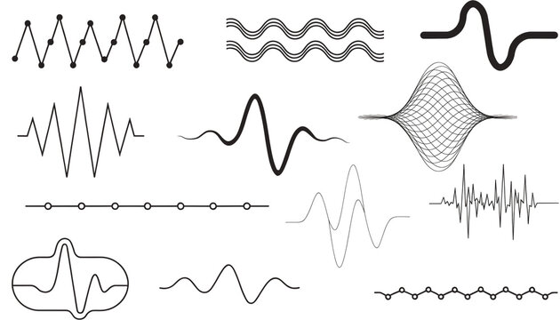 Collection of black and white sound wave patterns and digital frequency signals
