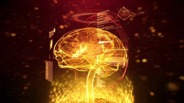 Glowing golden brain sits centered inside circular futuristic interface, with dense neural filaments, vertical light strand, floating data marks, dark red backdrop, and high contrast science