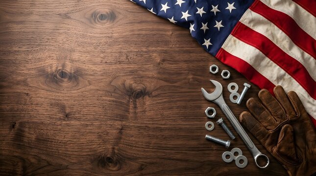Labor day celebration american flag with tools and work gloves on rustic wood background