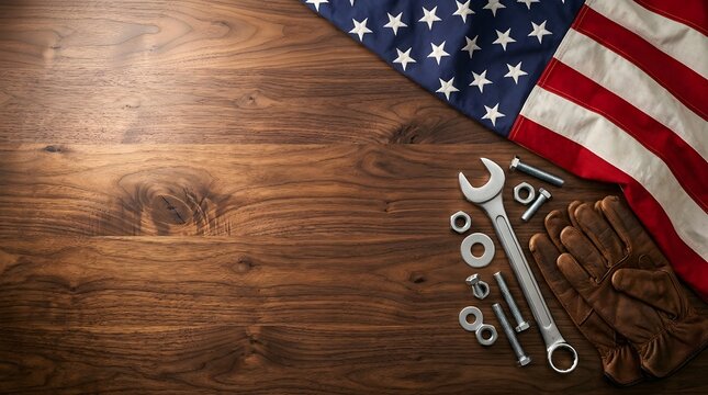 Labor day celebration american flag with work tools and leather gloves on rustic wood surface