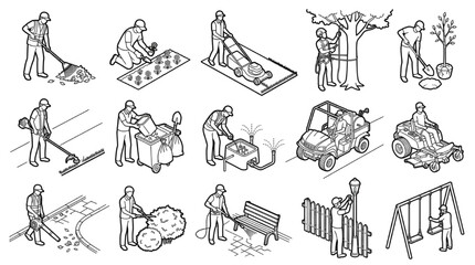Obraz premium Park Maintenance Line Art Icons Mowing Pruning Arborist and Groundskeeping Work