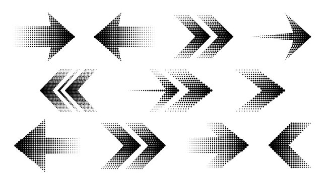 Collection of black halftone arrows pointing in different directions on white