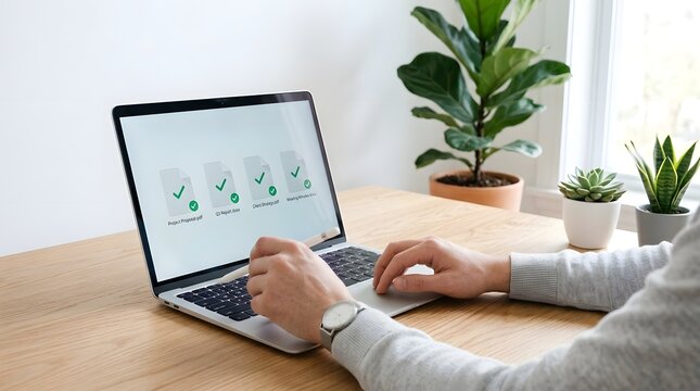 Digital checklist system man using laptop for task management and workflow optimization