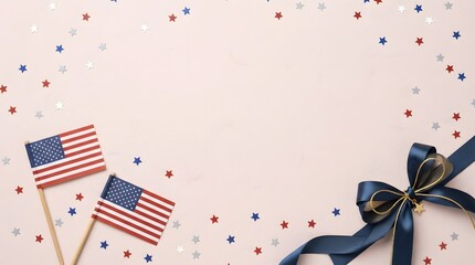 Obraz premium Labor day celebration american flags confetti and ribbon on pastel pink background for holiday marketing