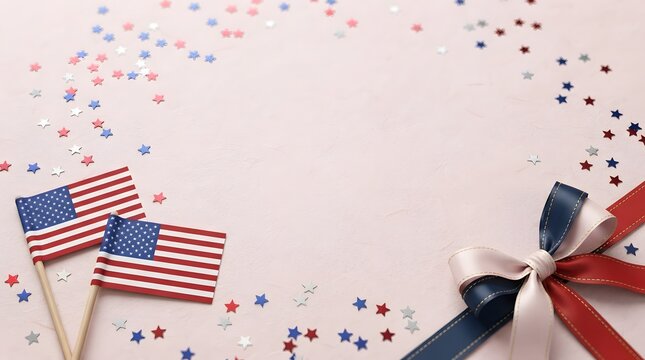 Labor day celebration american flags patriotic confetti and ribbon bow on textured pink surface