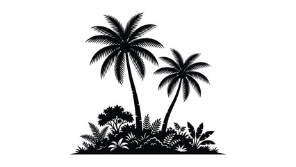 Tropical island landscape with palm trees and jungle foliage silhouette on white background © Sirin