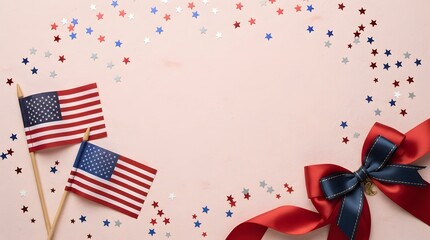 Obraz premium Labor day patriotic celebration american flags ribbons and stars confetti on a pink background