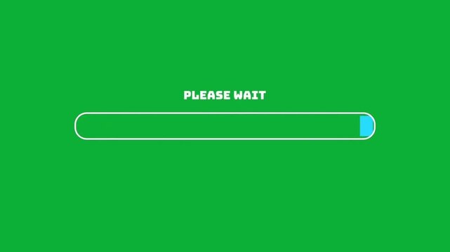 Animated pixel art loading bar with please wait text filling up on green screen background chroma key