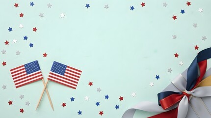 Obraz premium Labor day celebration american flags patriotic confetti and festive ribbons on light blue background