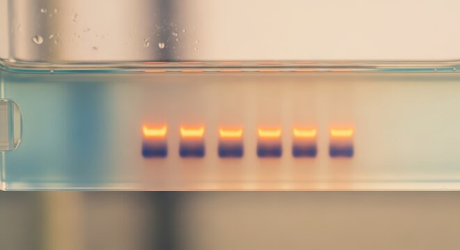 Electrophoresis Gel Showing DNA Bands Under Illumination