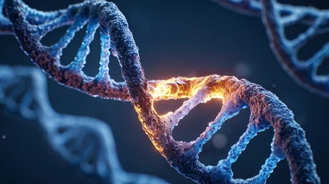 Close-up DNA double helix strands with rough blue texture and bright orange core shift along curved form, creating sense of active molecular change inside dark scientific setting, with dna, helix