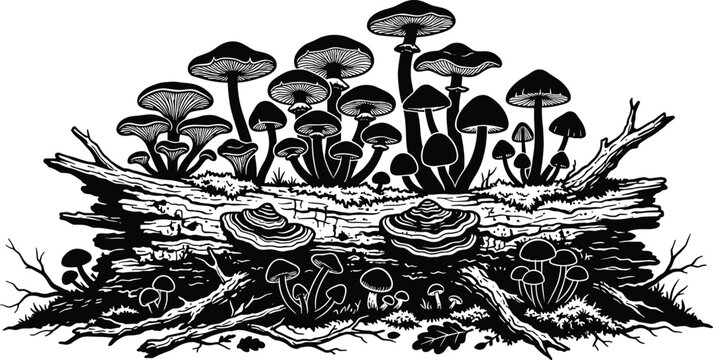 Forest Mushroom Silhouette Illustration with Fallen Log and Wild Woodland Fungi Collection