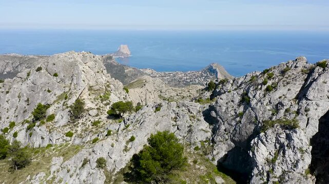 Aerial view of the summits of Sierra de Bernia, that extends approximately 11 km from west to east, perpendicular to the Mediterranean coast, Spain. 