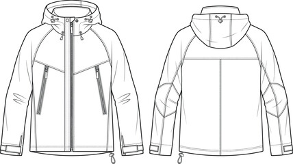Hooded jacket technical fashion illustration showing front and back view of a blank windbreaker sketch © Ananya