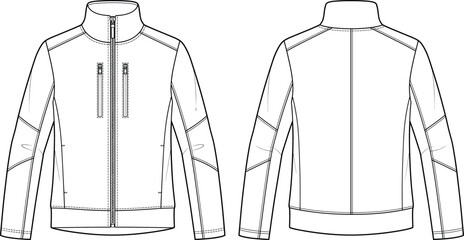 Men winter zipper jacket technical fashion flat sketch template showing front and back views © Ananya