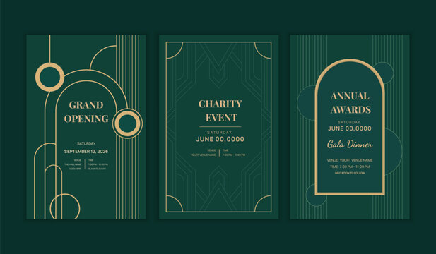 Luxury Emerald Green Art Deco Invitation Card Set with Elegant Event Templates