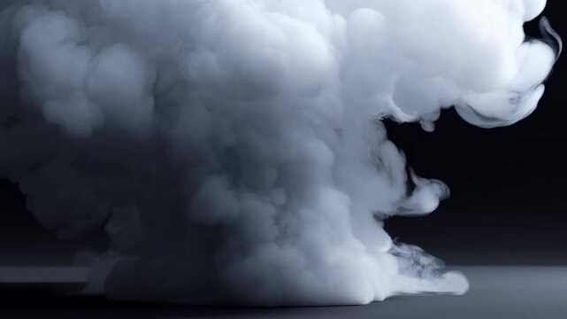 Dense white smoke plume rising from flat studio surface with dramatic low light, layered rounded lobes, strong contrast, and ample negative space for moody commercial background