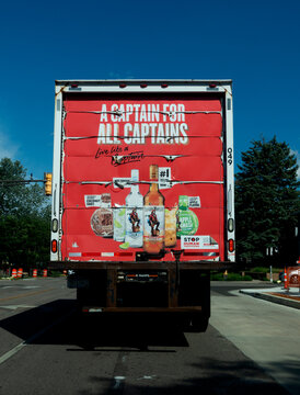 Weathered back panel of a Captain Morgan Rum delivery truck. St Paul Minnesota MN USA