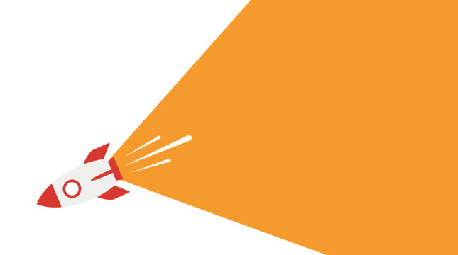 A rocket ship blasts off into space with flames and smoke on a white background.