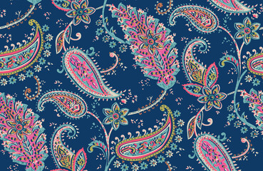 Seamless repeating pattern with paisley motifs placed at different angles, balanced by smaller floral elements and filler © Venkatsai