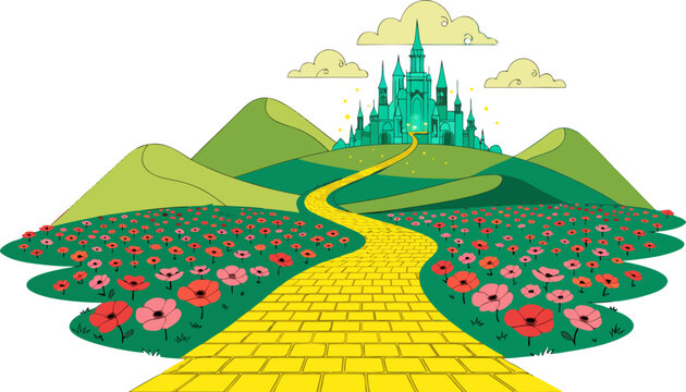 Very beautiful realistic vector illustration of a yellow brick road winding through a vibrant poppy field toward a glowing emerald city on the horizon, magical fantasy landscape, rolling green hills, 
