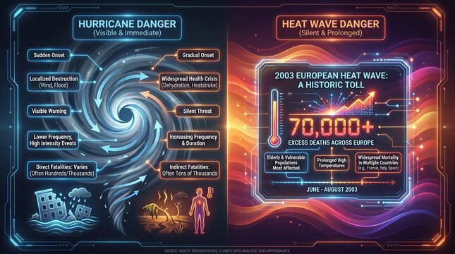 Infographic showing comparison between hurricane and heat wave danger with statistics of 70000 European deaths in 2003 heat wave, text-based data visualization on dark background.