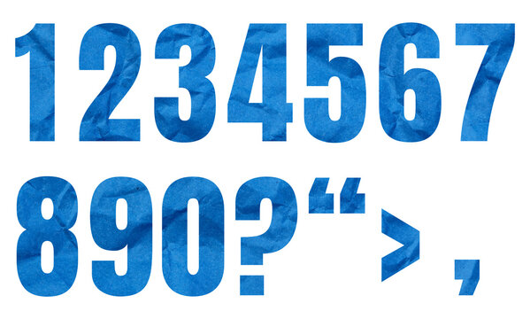 Abstract Blue Crumpled Paper Texture Numbers and Symbols Set Isolated on White Background