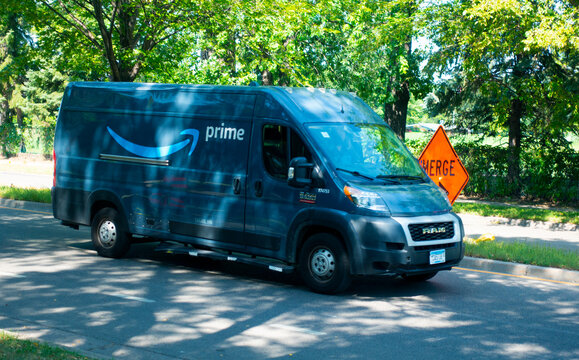 Amazon Prime delivery truck delivering products. St Paul Minnesota MN USA