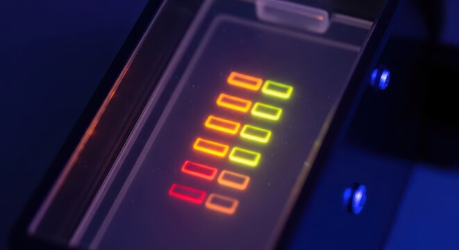 Glowing Gel Electrophoresis Bands in a Scientific Laboratory