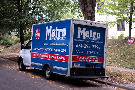 Metro truck probably in neighborhood for furnace repair specializing in heating and cooling installations and repair. St Paul Minnesota MN USA