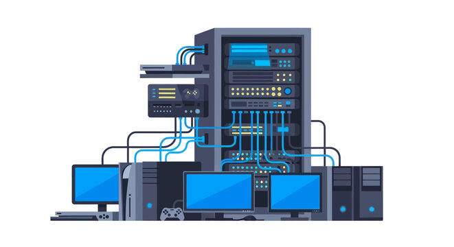 Flat Vector Illustration of a Modern Data Center Server Rack Connected to Multiple Workstations and Networking Equipment Isolated on White Background
