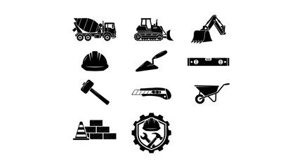Construction Equipment Icons Set with Excavator Truck Wheelbarrow and Shovel Hammer Crane Symbols in Monochrome © Firoz