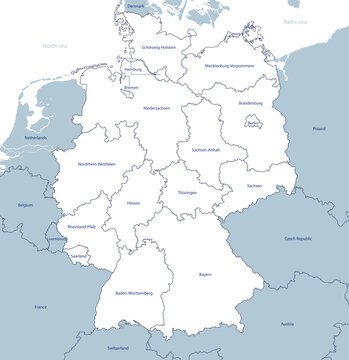 Political map of Germany showing the borders of the federal states, country outline with the borders of neighboring states, editable vector, detailed cartography