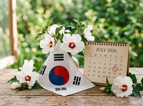 대한민국 제헌절 7월 달력과 무궁화 태극기 / 大韓民国の国慶日 7月のカレンダーとムクゲ 太極旗 / Korean national holiday July calendar with mugunghwa and Taegukgi