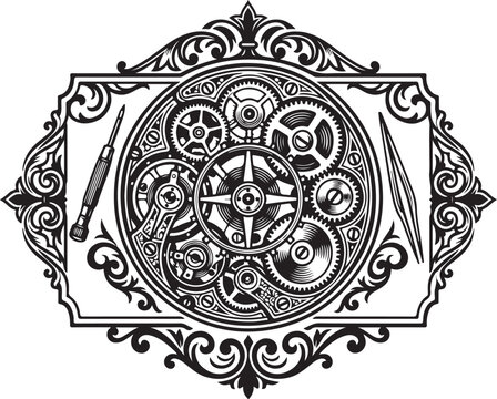 Intricate clockwork gears and tools within an ornate Victorian frame against a white background symbolizing precision engineering and craftsmanship