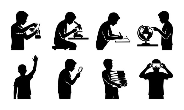 Student Silhouette Icons: Science, Learning, Discovery, Education, Technology, Research