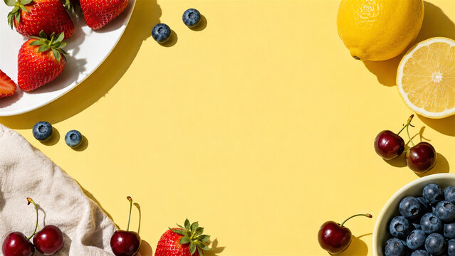 fresh summer fruit arranged on a yellow background border. Strawberries, blueberries, cherries, and lemon with copy space. Refreshing food flat lay for healthy menu design concept