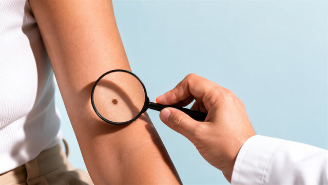 dermatologist using magnifying glass to examine mole on arm of a woman. Skin cancer screening and checkup in clinic. Professional medical consultation for early diagnosis of melanoma