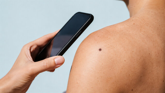 woman taking photo of mole on shoulder with smartphone. Health self-examination for skin cancer detection. Medical mobile application for pigment spot check and dermatology diagnose